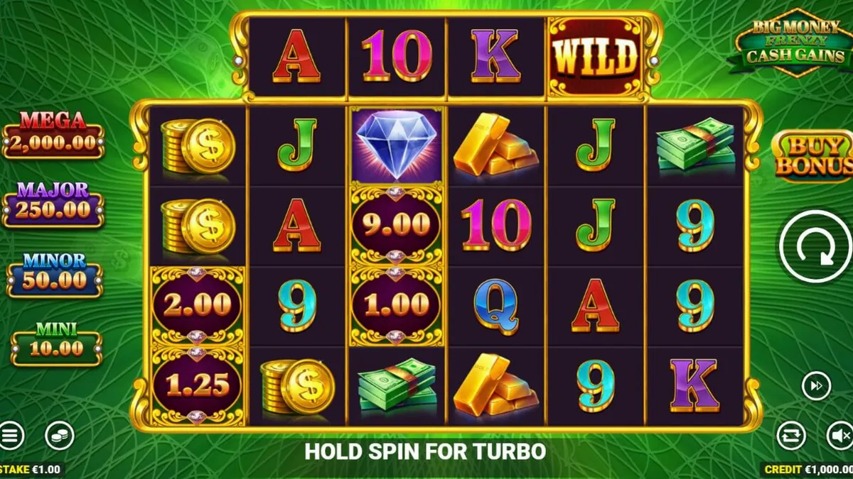 Tampilan layar permainan slot Big Money Frenzy Cash Gains dengan tema brankas uang